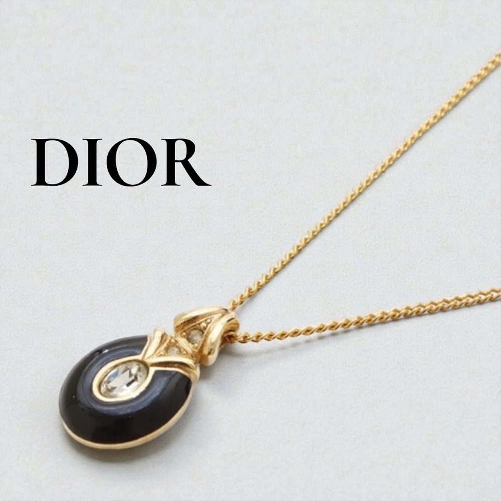 DIOR Black Enamel and Rhinestone Embellished Pendant Necklace